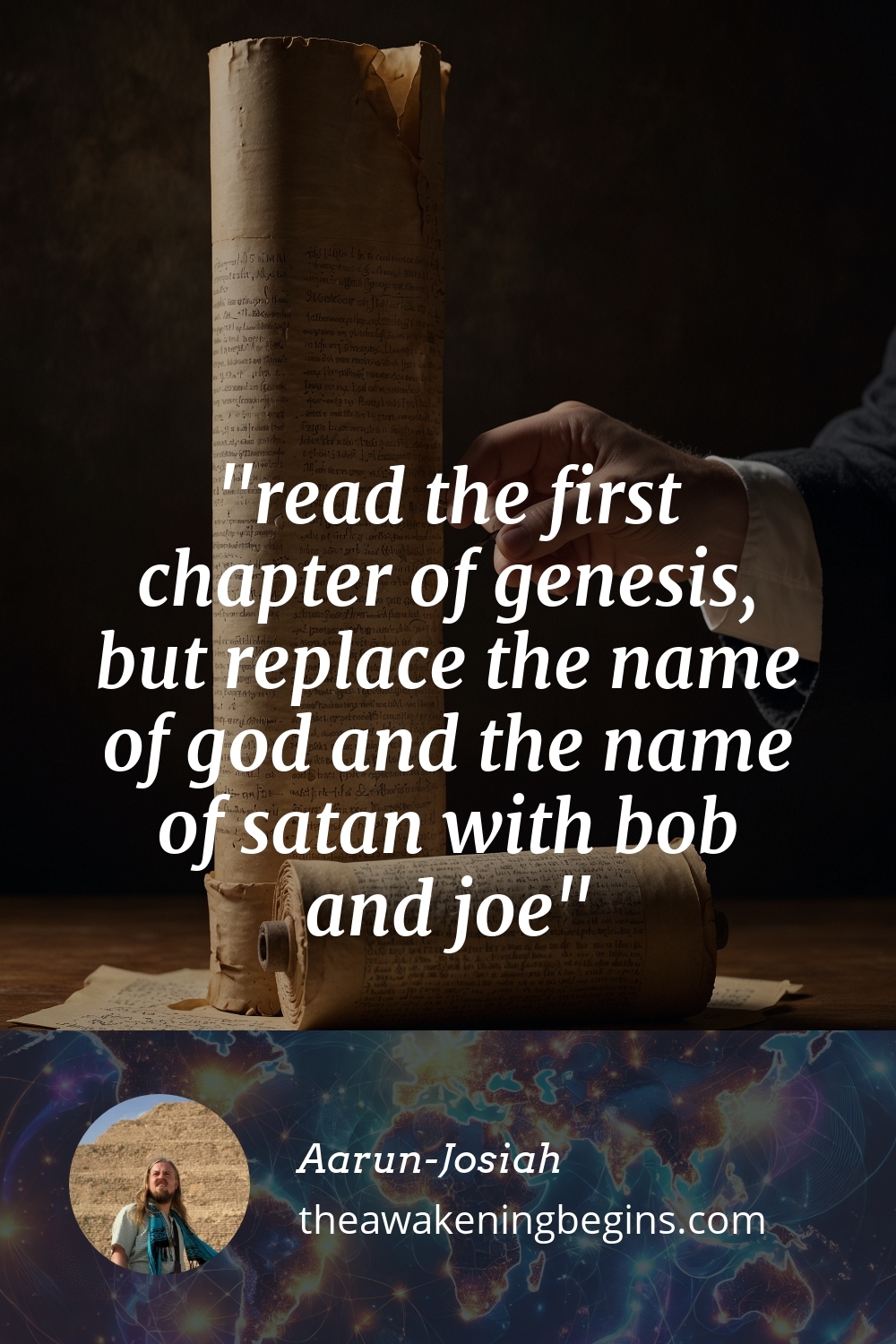 Pinterst Image read the first chapter of genesis, but replace the name of god and the name of satan with bob and joe